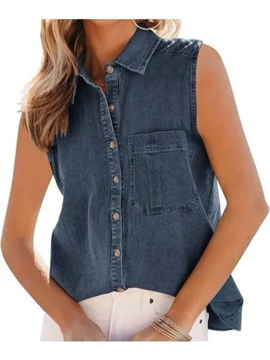 VTG Cabin Creek Women's Blue Denim 100%COTTON Single Pocket Top Plus Size 2X - Picture 1 of 7